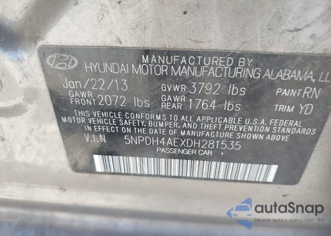 2013 Hyundai Elantra Limited z USA, uszkodzony, nr VIN 5NPDH4AEXDH281535